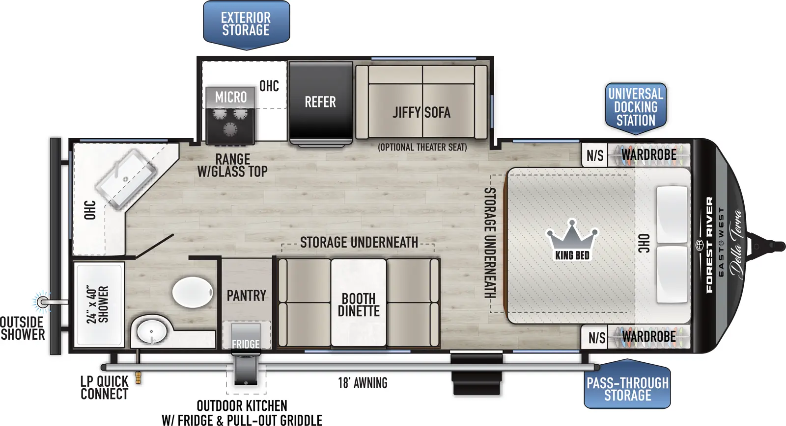 The Della Terra 221ML floorplan has one entry and one slide out. Exterior features include: metal exterior, 18' awning and outside kitchen. Interiors features include: front bedroom.